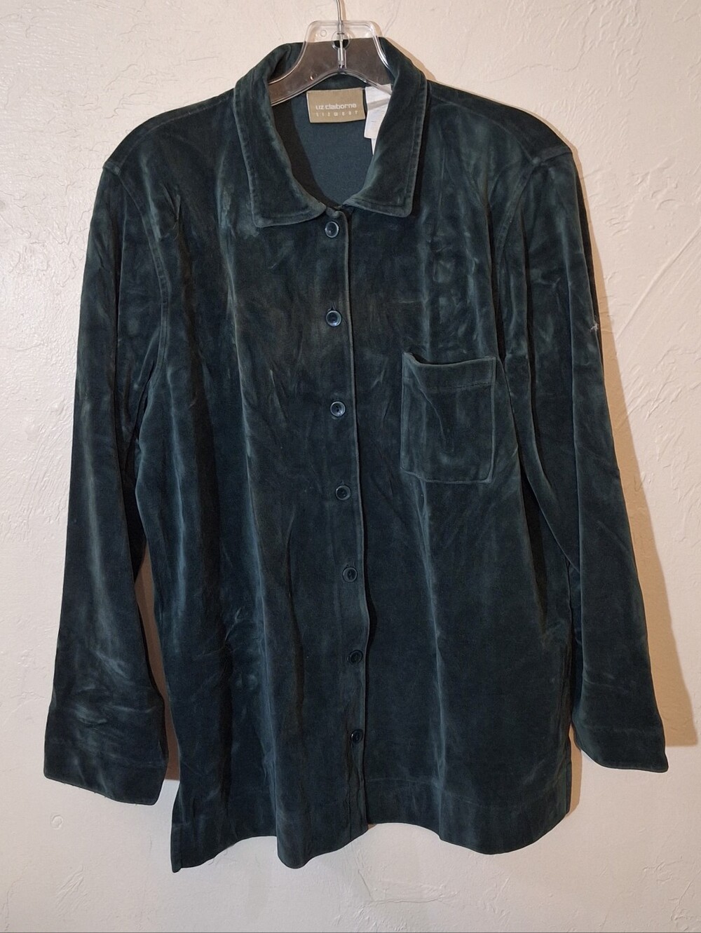 Liz Claiborne Lizwear Velour Button Up Dark Green Long Sleeve Shirt Women's L
